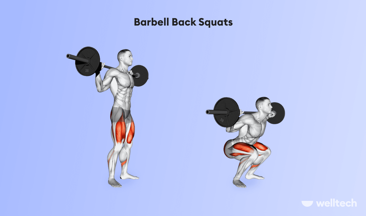 a man is performing barbell back squats, types of squats