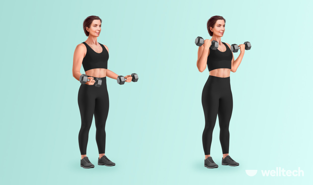 elderly woman is doing arm bicep curls with dumbbells_exercises for flabby arms over 60