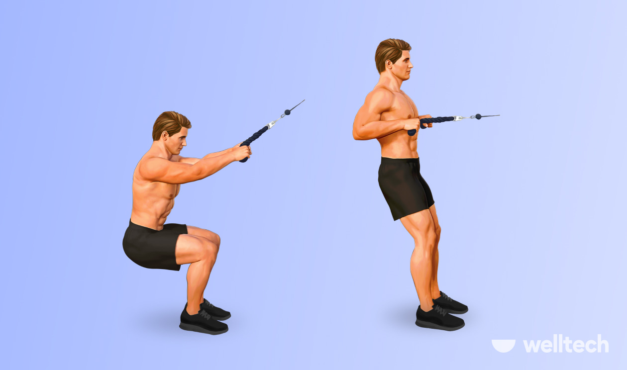 man is doing Explosive Squat-to-Stand Row, back cable workout