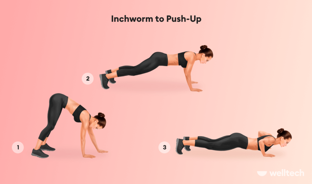 Inchworm to Push-Up, woman, how to warm up before lifting