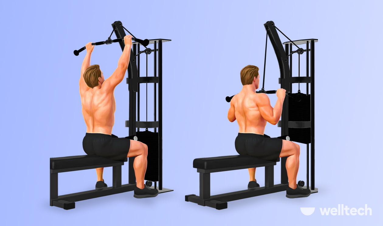 back cable workout, man doing Lat Pulldowns using cable machine