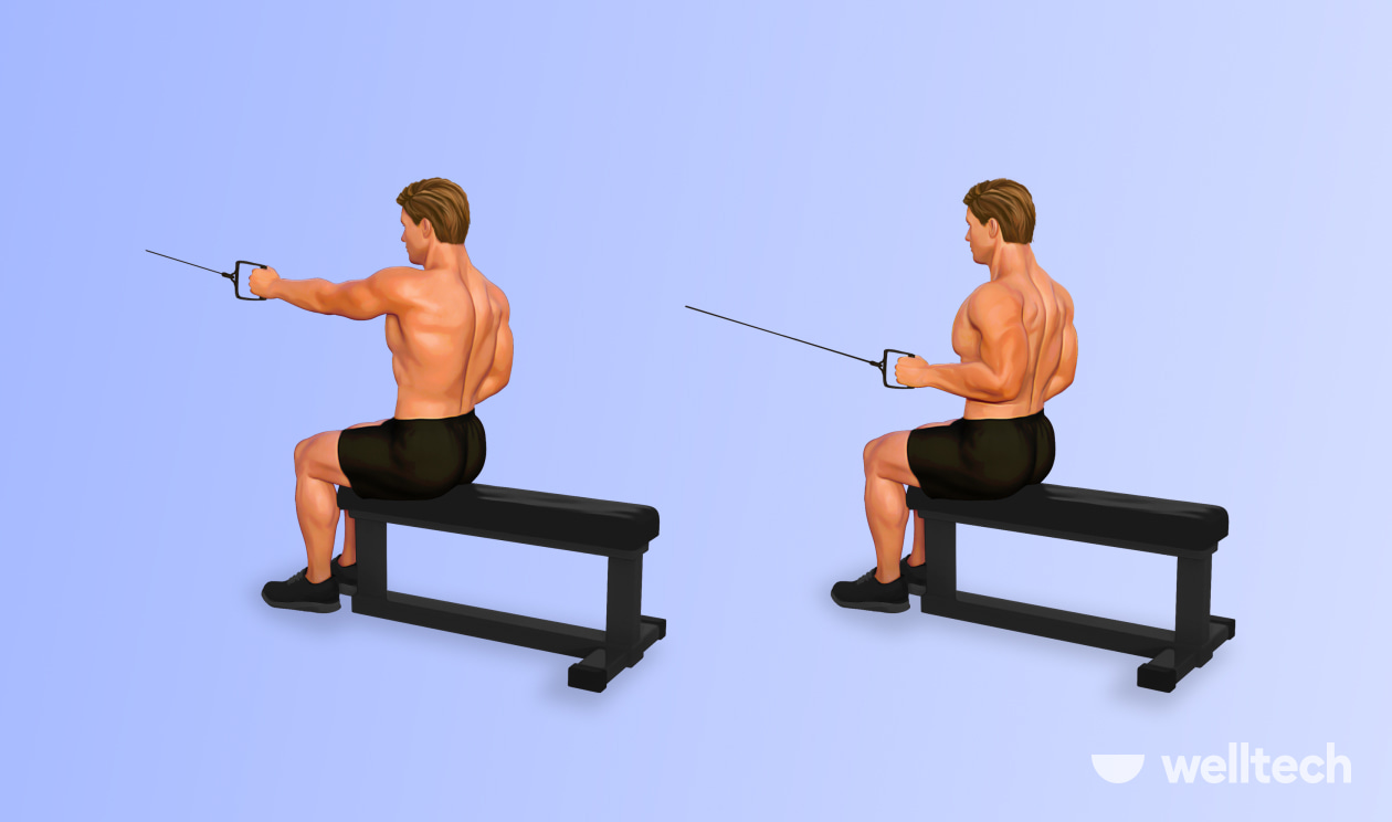back cable workout, man performing seated single arm row using gym equipment