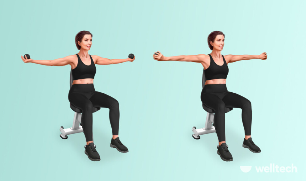 elderly women performs seated arm rotations, exercises for flabby arms over 60