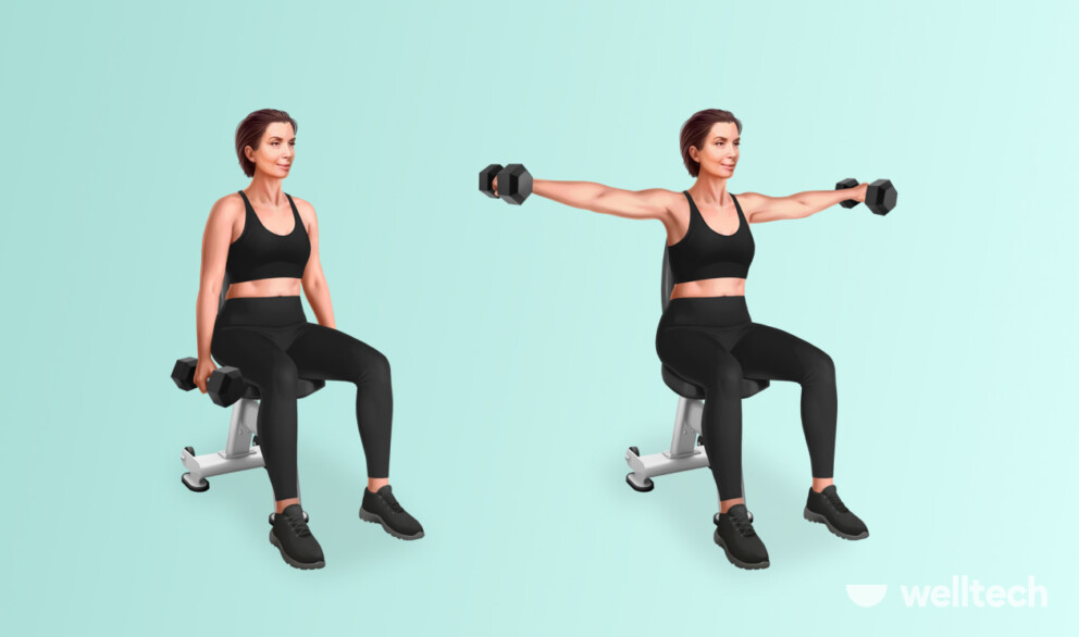 elderly woman is doing seated lateral raises with dumbbells_exercises for flabby arms over 60