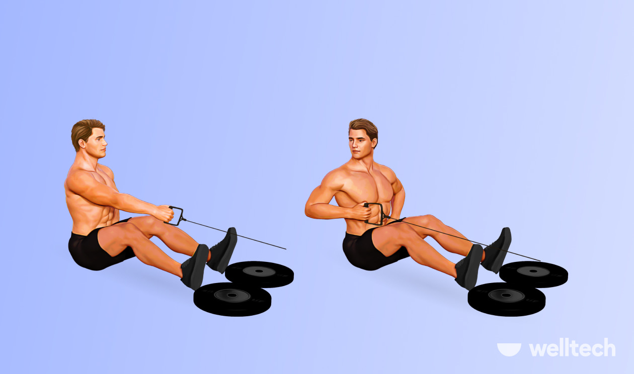 back cable workout, a man performs Single-Arm Row with Rotation in the gym using ropes