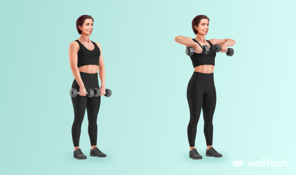 older woman is doing standing upright rows using dumbbells, exercises for flabby arms over 60