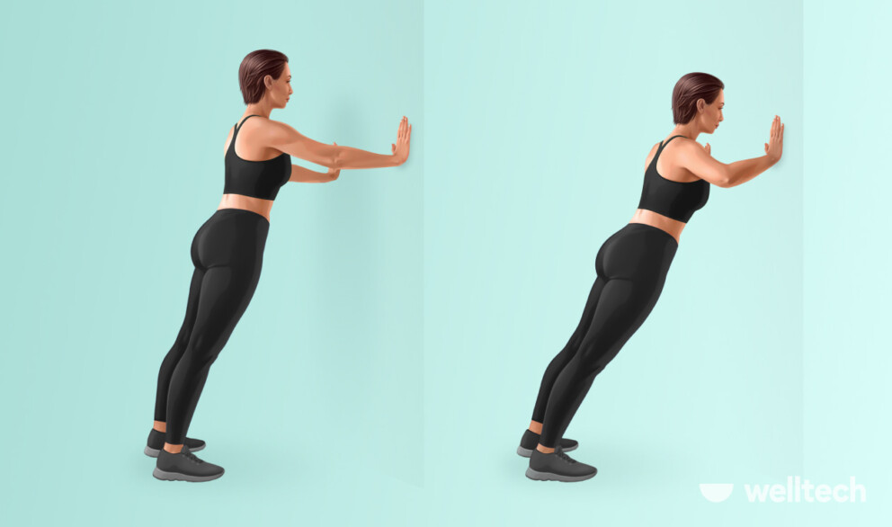 woman does wall push-ups, exercises for flabby arms over 60