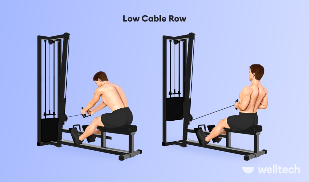 a man is doing a low cable row on a cable machine_meadows row