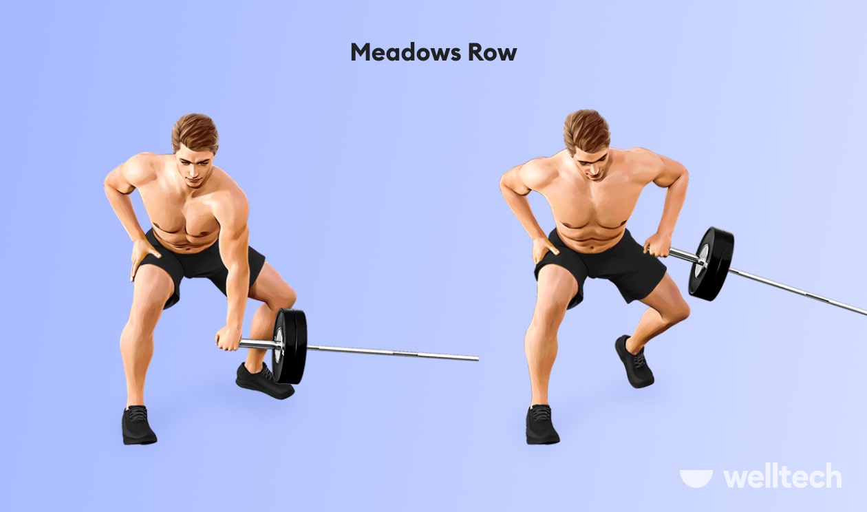 a man is doing meadows row exercise using a landmine