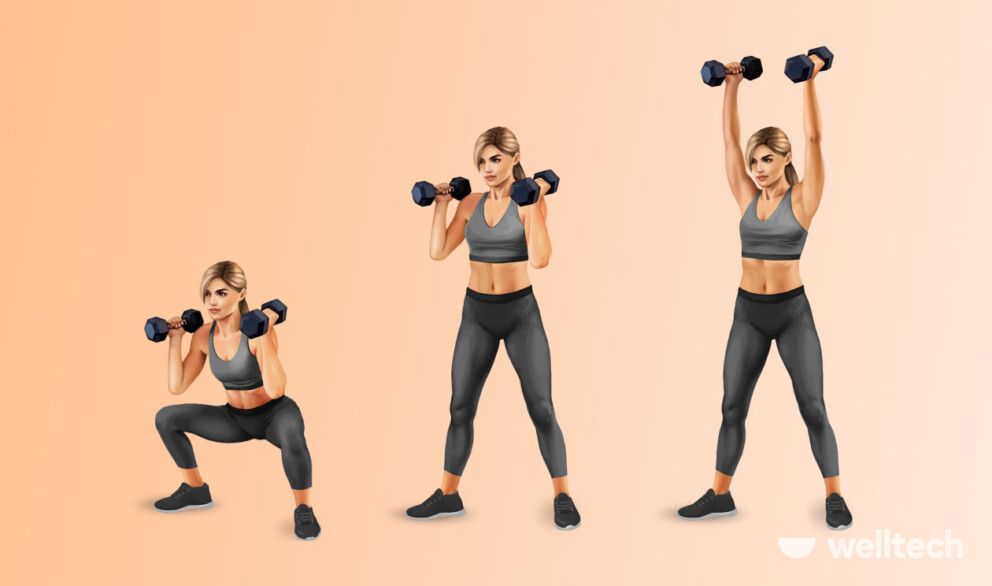 a woman is doing Dumbbell Squat to Overhead Press_legs and shoulders workout