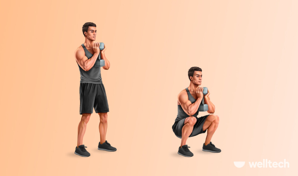 a man is doing Goblet Squat with a dumbbell_legs and shoulders workout