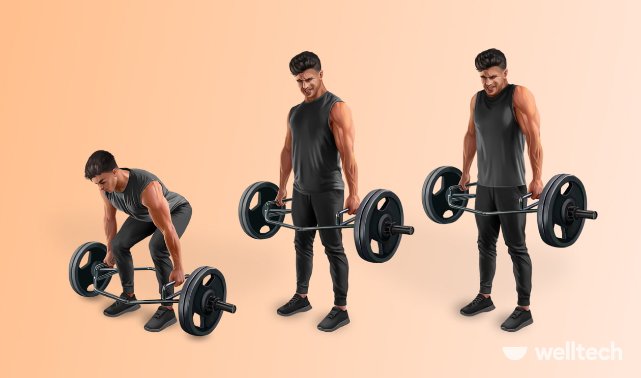 a man is performing Hex Bar Deadlift to Shrug_legs and shoulders workout