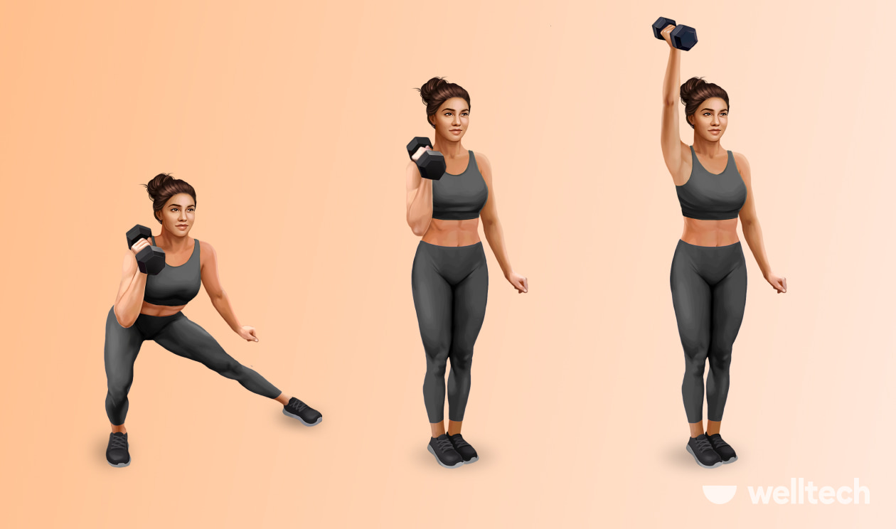 a woman is performing Lateral Lunge Single-Arm with Overhead Press using a dumbbell_legs and shoulders workout