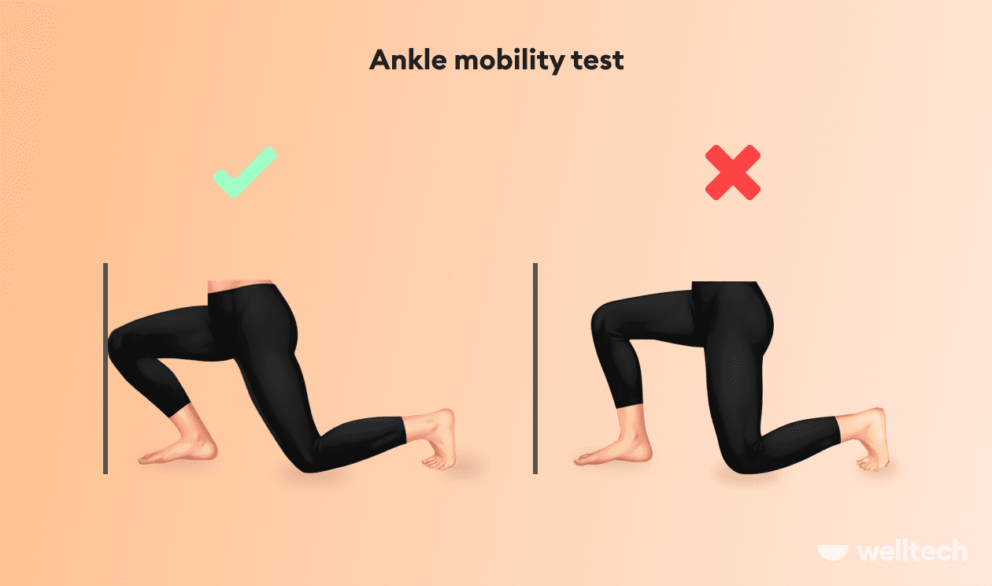 woman is performing ankle mobility test near wall, correct and wrong result, ankle mobility exercises