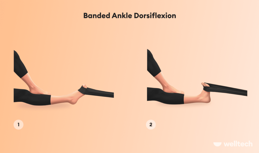 woman is performing banded ankle dorsiflexion_ankle mobility exercises
