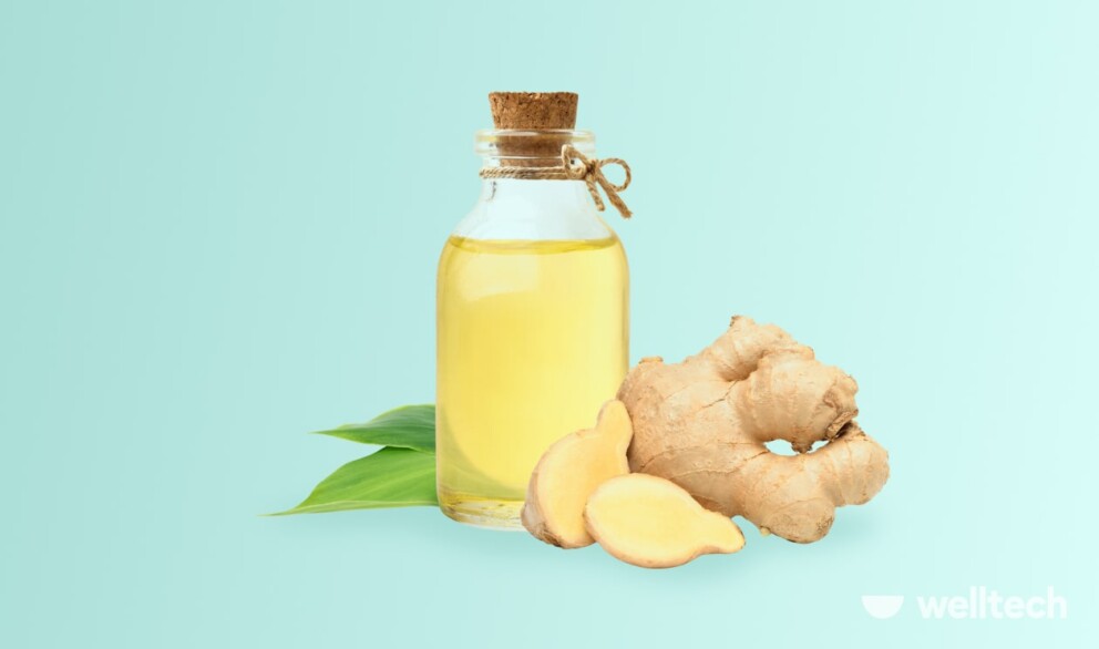 a bottle with essential ginger oil and a piece of ginger_ginger oil for weight loss