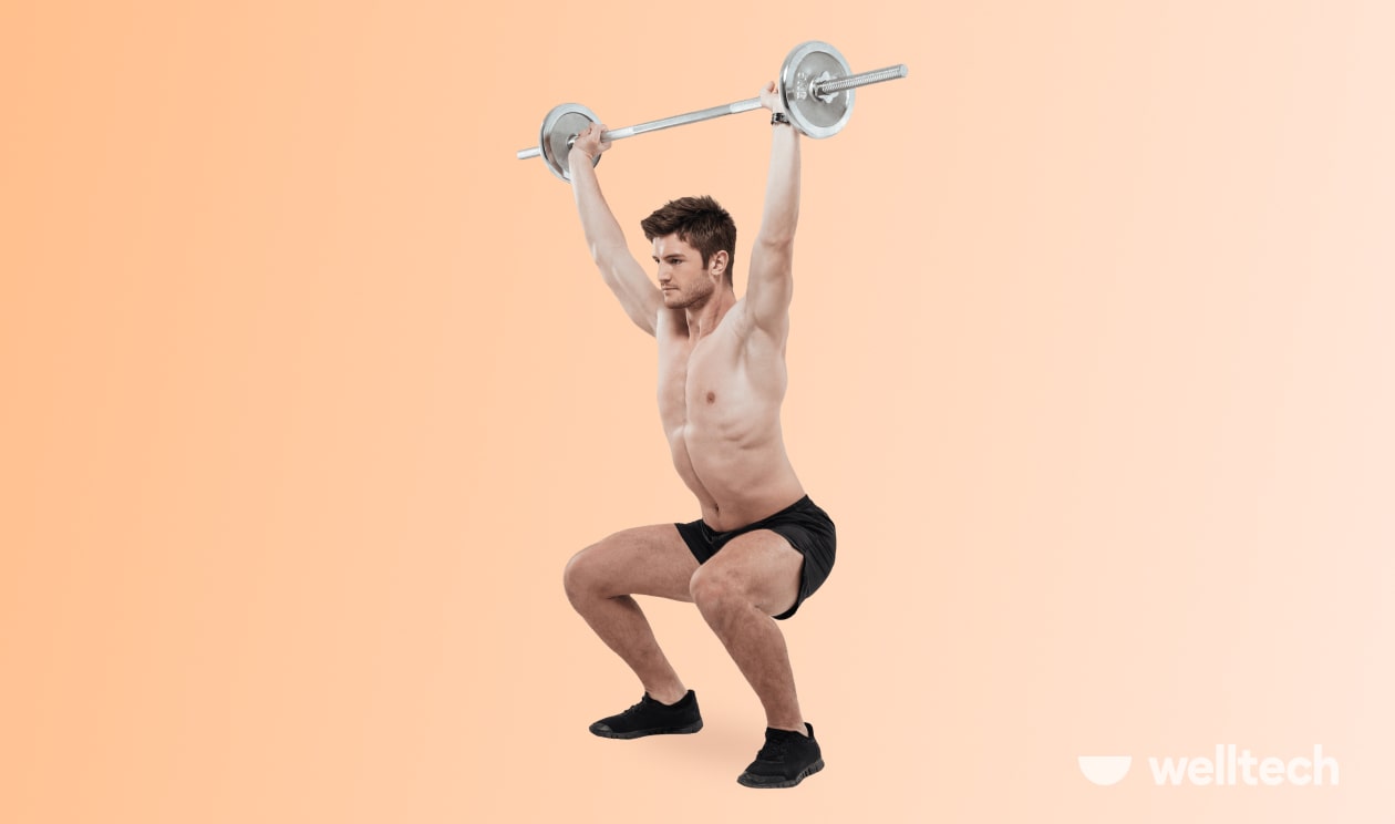 a man is doing squat to overhead press with a barbell, leg and shoulder workout