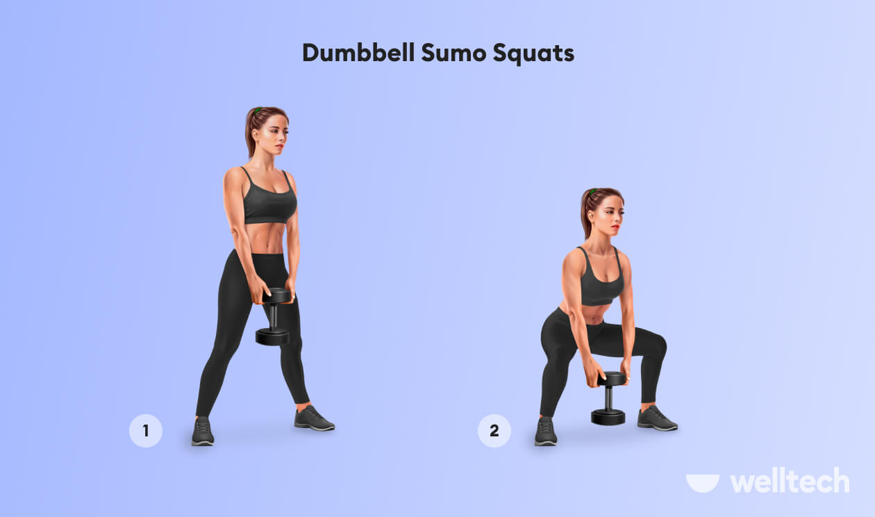 a woman is doing dumbbell sumo squats with a dumbbell_dumbbell glute exercises