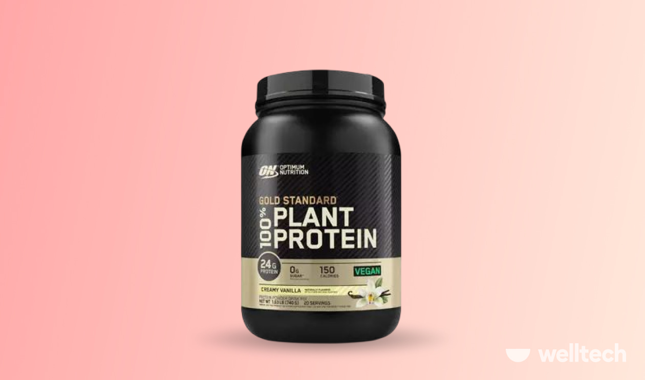 a pack of Optimum Nutrition Gold Standard 100% Plant protein, lactose free protein powder