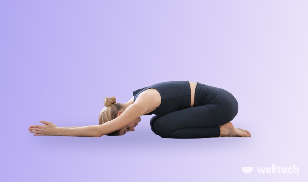 a woman is doing Child’s Pose (Balasana)_yoga for lats and traps