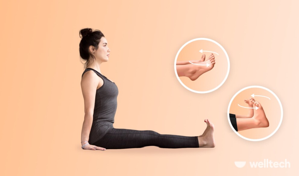 a woman is doing Seated Ankle Rotations_Dandasana with Gulpha Chakra_yoga feet_yoga toe exercises