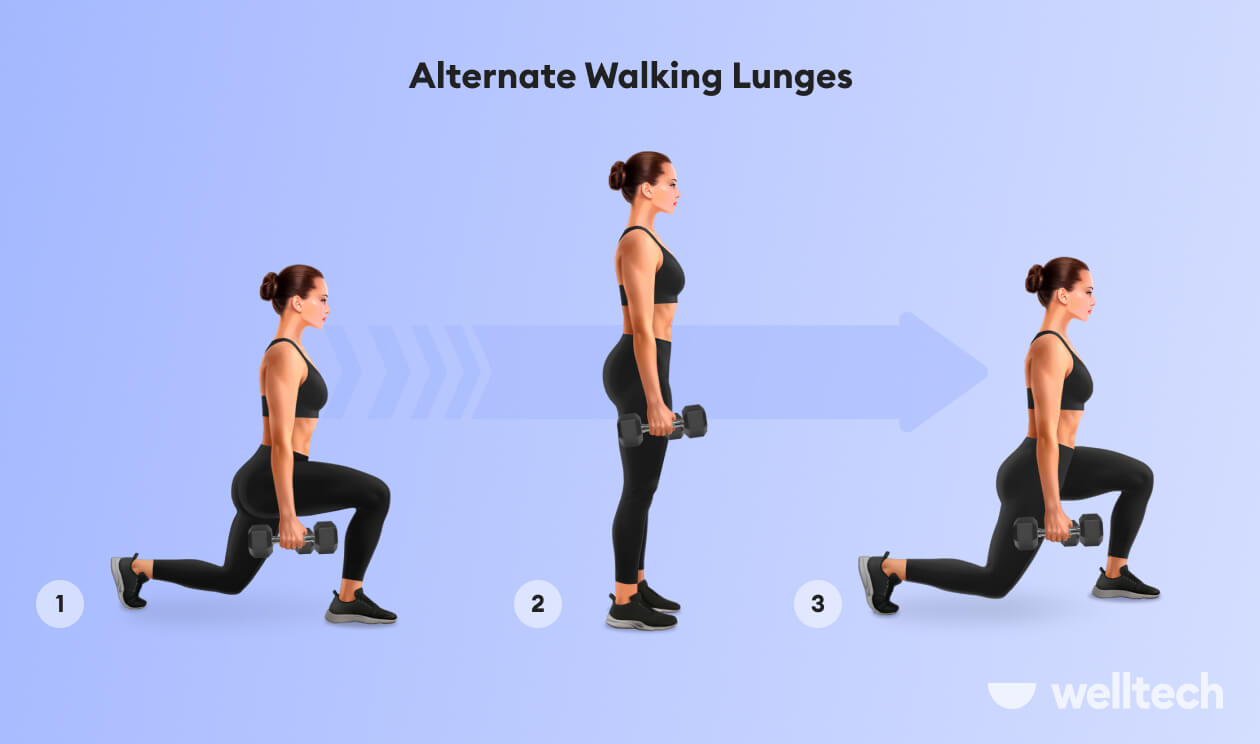 a woman is doing Alternate Walking Lunges_dumbbell glute exercises