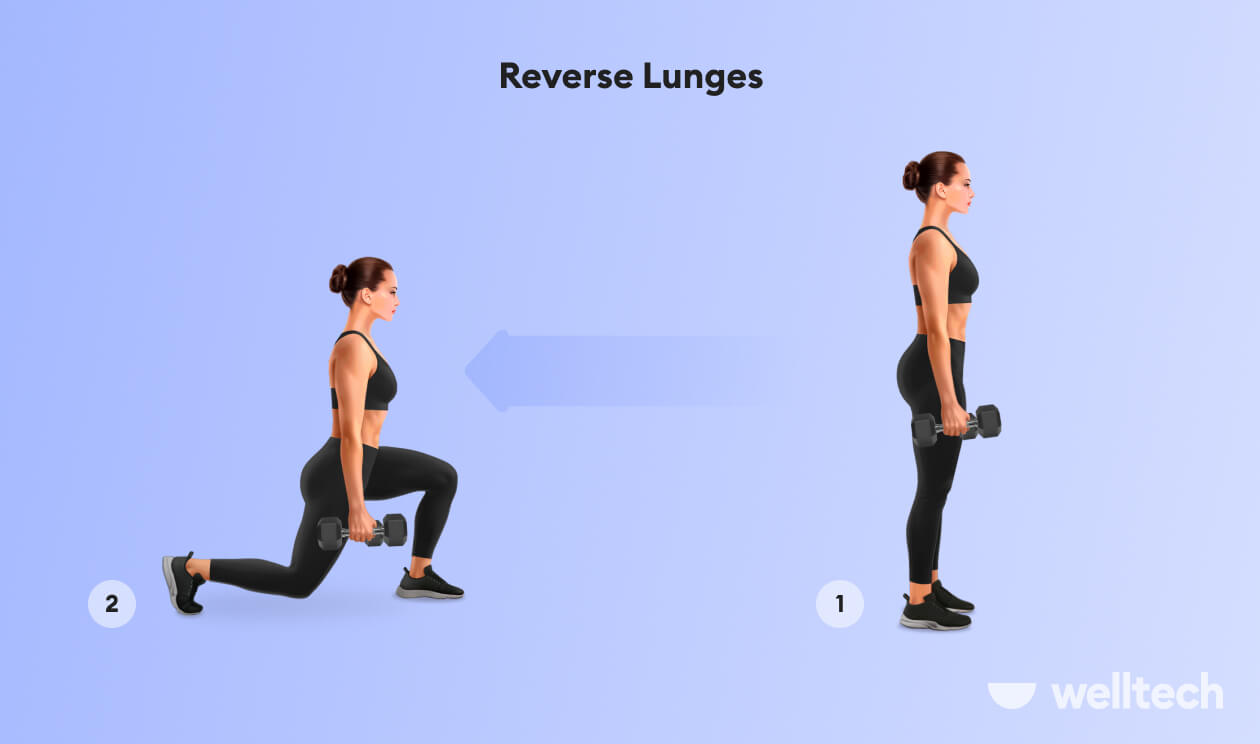 a woman is performing Reverse Lunges with dumbbells_dumbbell glute exercises
