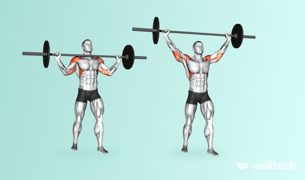 a man is performing Barbell Overhead Press_front delt exercises