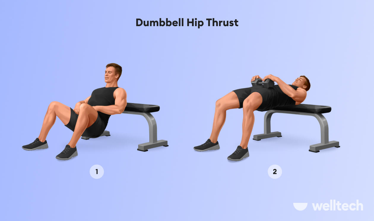 a man is doing Dumbbell Hip Thrust with a dumbbell_dumbbell glute exercises