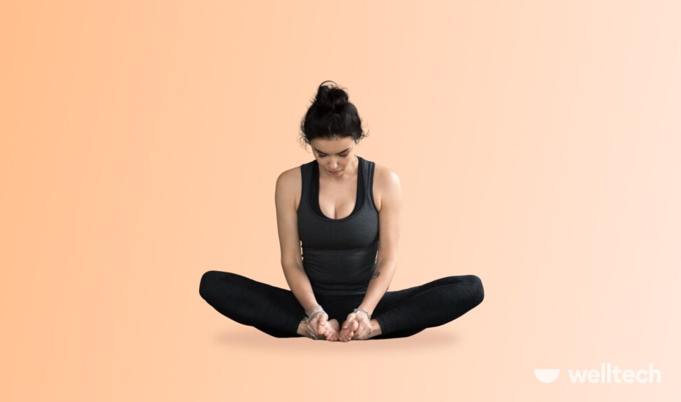 a woman is doing Bound Angle with Foot Massage (Baddha Konasana), yoga feet, yoga toe exercises
