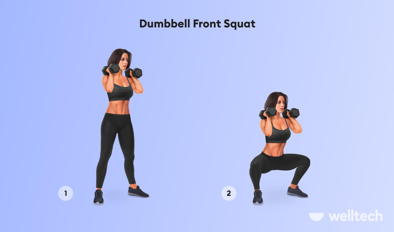 a woman is performing Dumbbell Front Squat_dumbbell glute exercises
