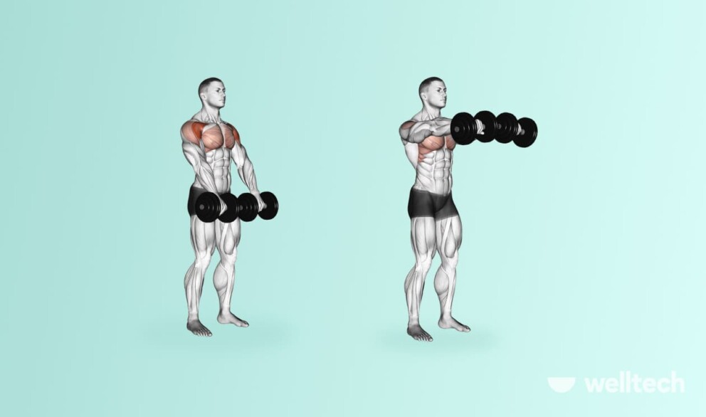 a man is doing Dumbbell Front Raise_front delt exercises