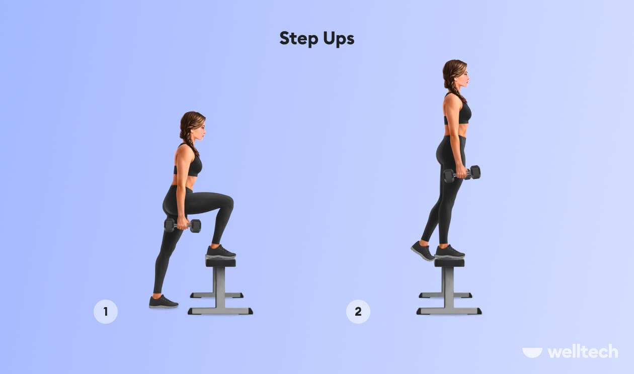 a woman is doing Step-Ups_dumbbell glute exercises