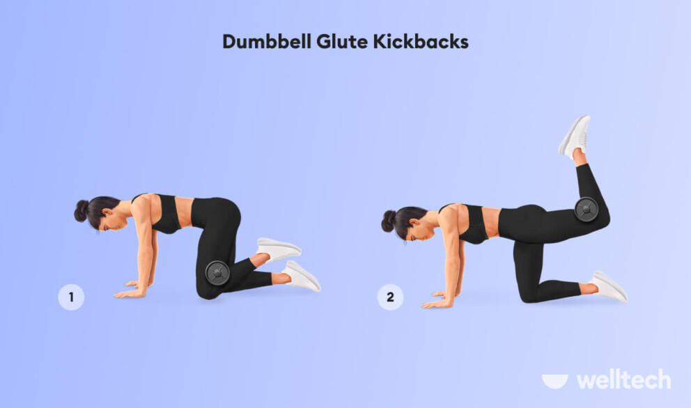 a woman is performing Dumbbell Glute Kickbacks_dumbbell glute exercises