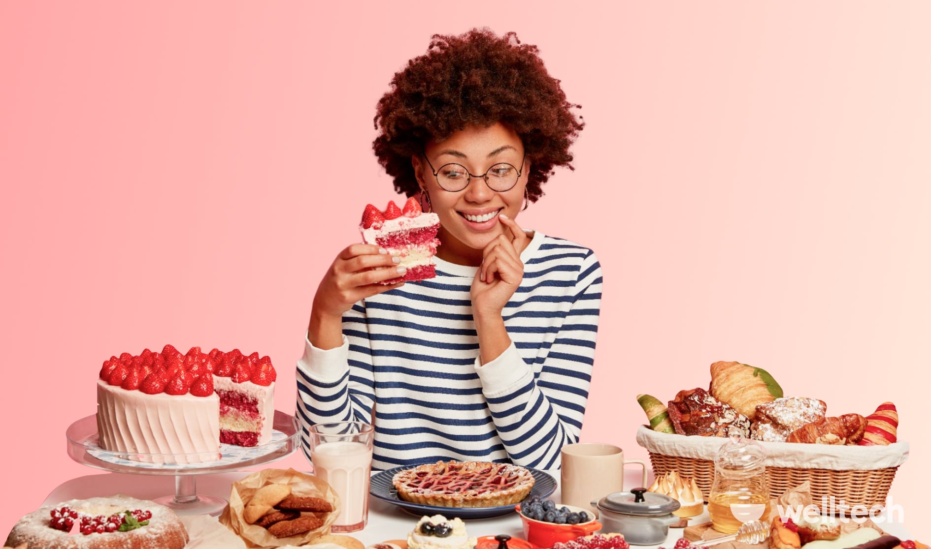 a girl with curly hair is eating a dessert with a lot of food in front of her, cheat weekend