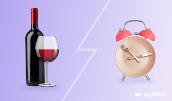 a glass of red wine with a bottle vs. a clock that tracks intermittent fasting periods_intermittent fasting and alcohol