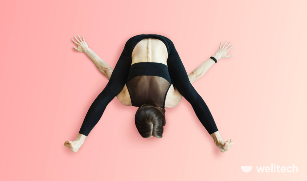 a woman is doing Tortoise Pose  (Prasarita Padottanasana)_funny yoga poses