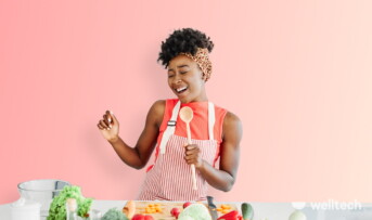 a young woman is singing in the kitchen with much produce in front of her_ good mood food