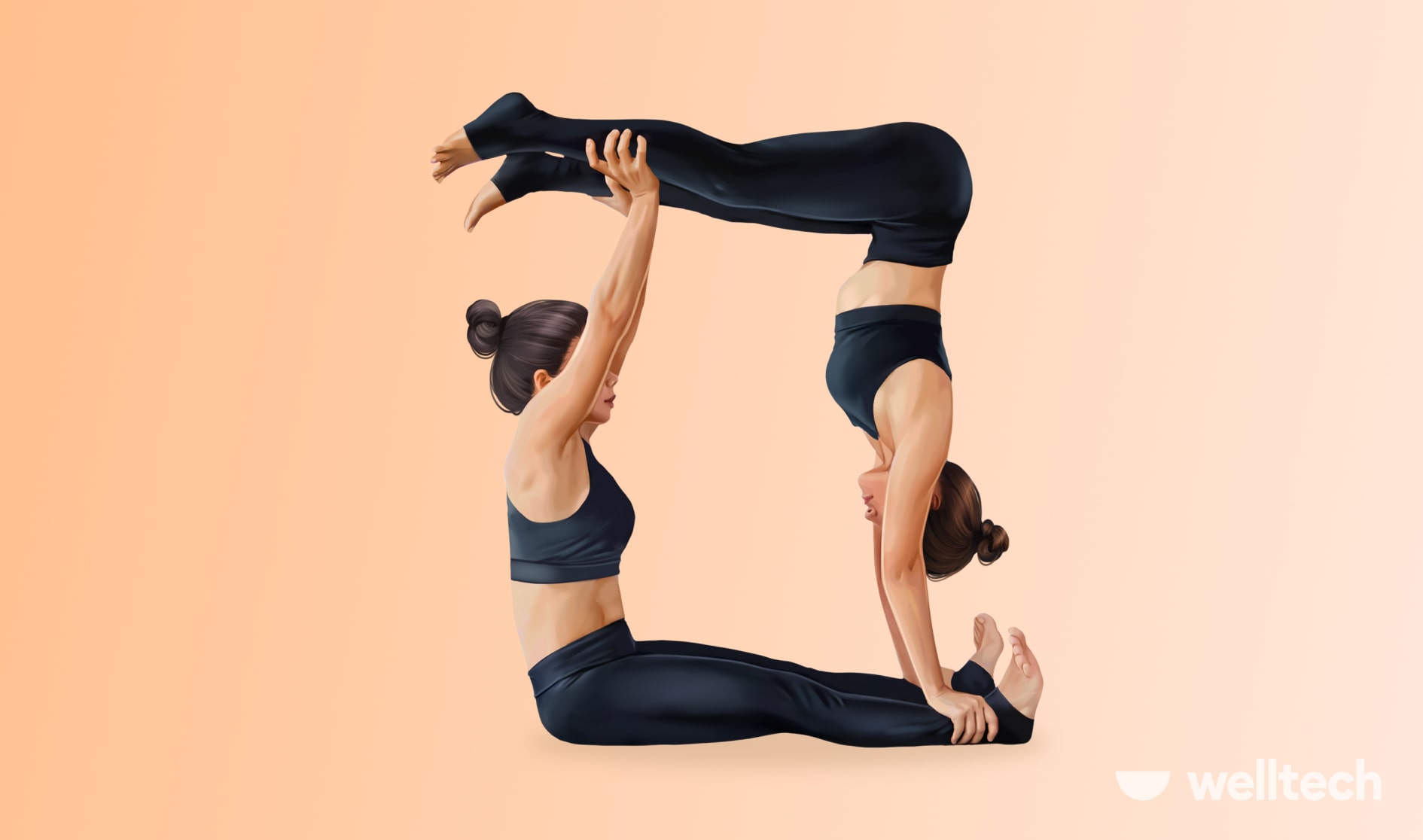 two women are performing Square Pose (Ardha Adho Mukha Vrksasana Dandasana)_bff 2-person yoga poses