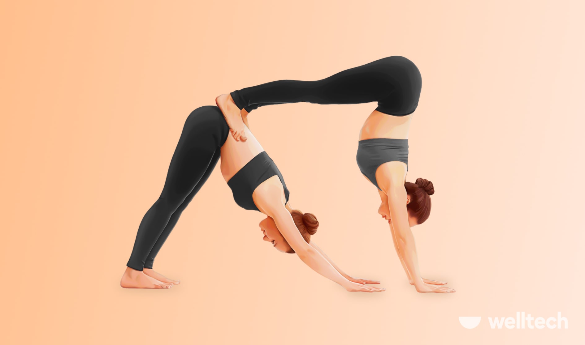 two women are doing Double Downward Facing Dog (Dvi Adho Mukha Svanasana) yoga poses for two people