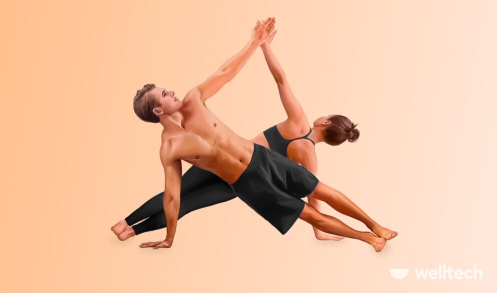 a man and a woman are performing Double Side Plank Pose (Dvi Vasisthasana)_bff 2-person yoga poses