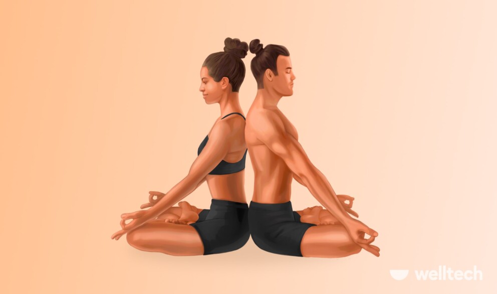man and woman are sitting in the Easy Pose (Sukhasana), bff 2-person yoga poses