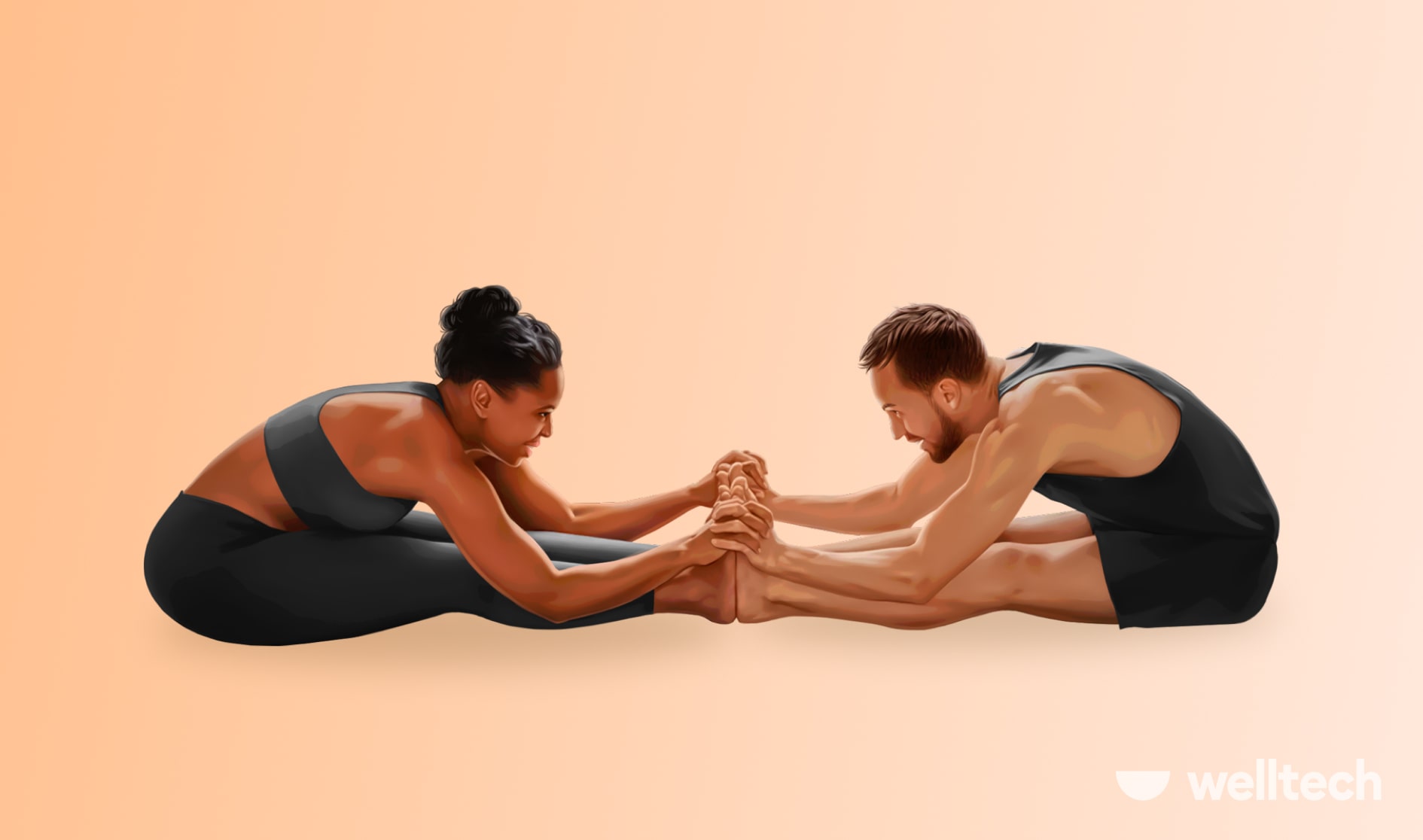 a man and a woman are doing Seesaw Pose (Dandasana Paschimottanasana)_bff 2-person yoga poses