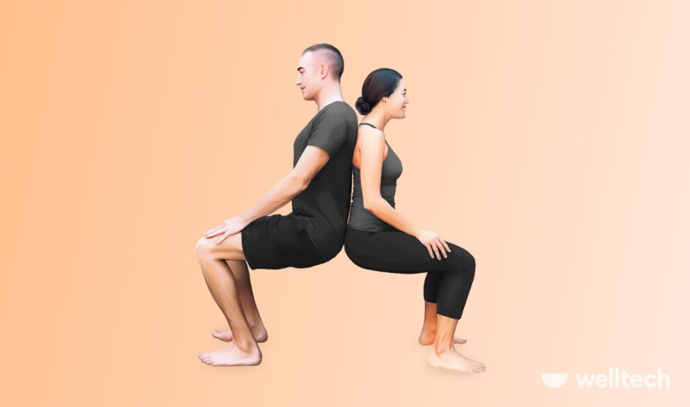 a woman and a man are doing Back-to-Back Chair Pose (Utkatasana)_bff 2-person yoga poses