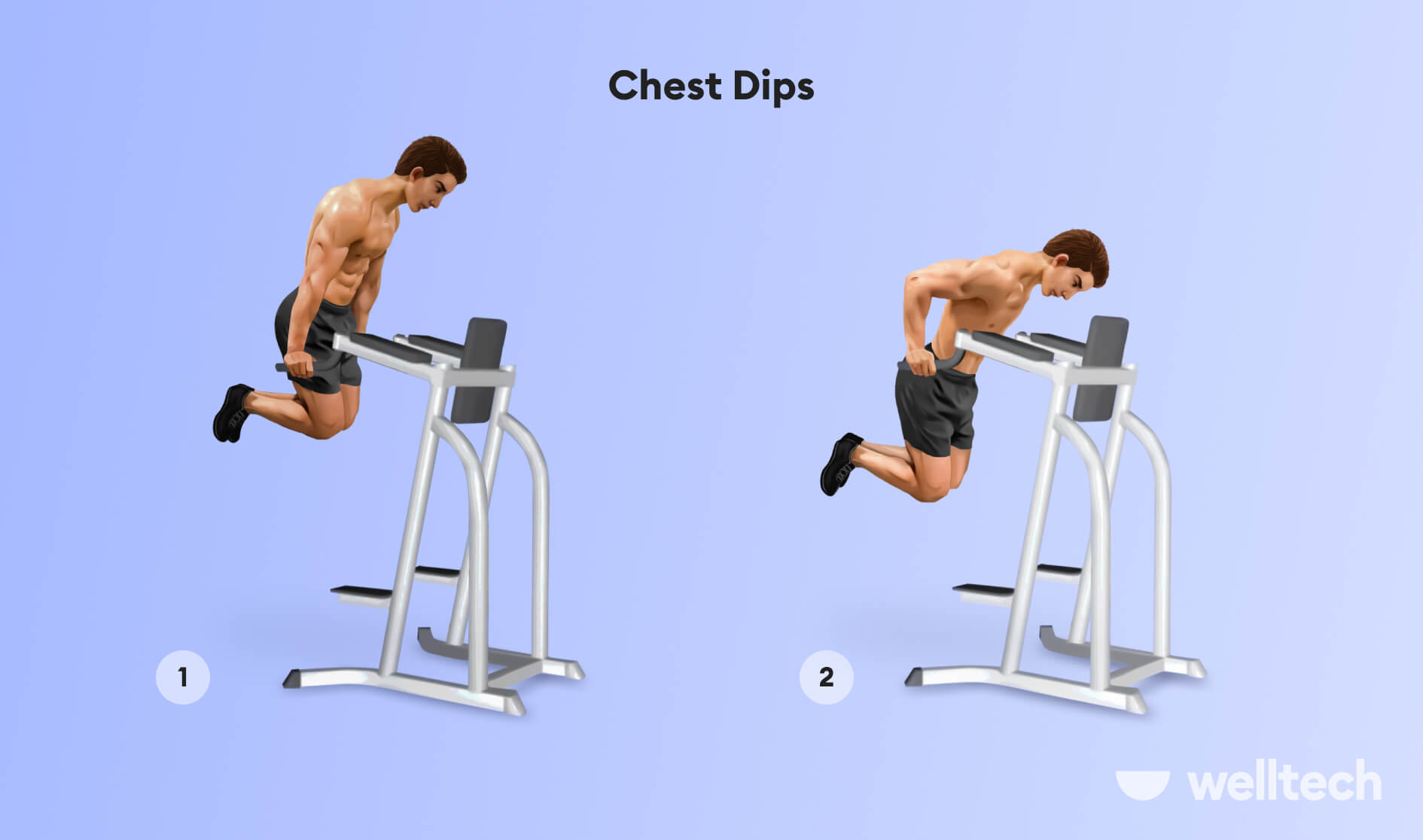 a man is performing chest dips on a captain's chair, inner chest workout