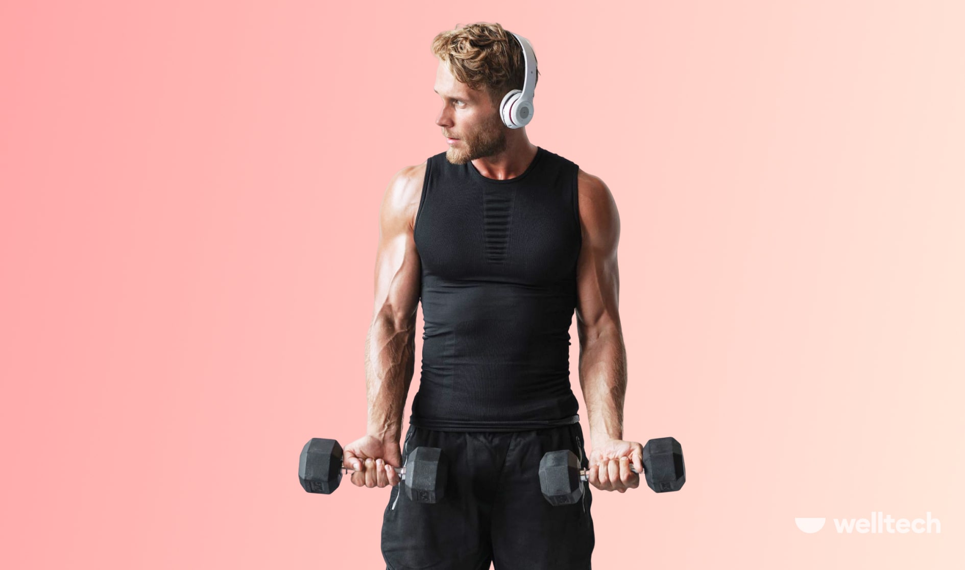 a man is working out with dumbbells and listening to music in his headphones_Chest and Shoulder Workout