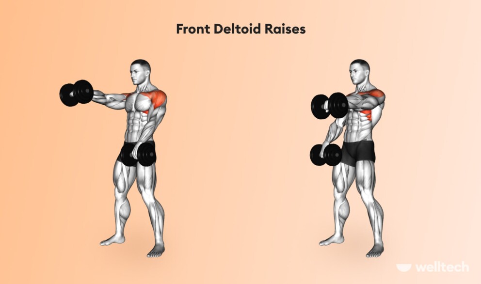 a man is doing Front Deltoid Raises with dumbbells_chest and shoulder workout