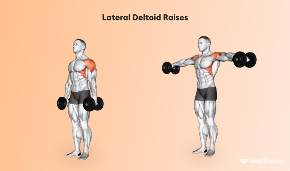 a man is performing Lateral Deltoid Raises with dumbbells_chest and shoulder workout