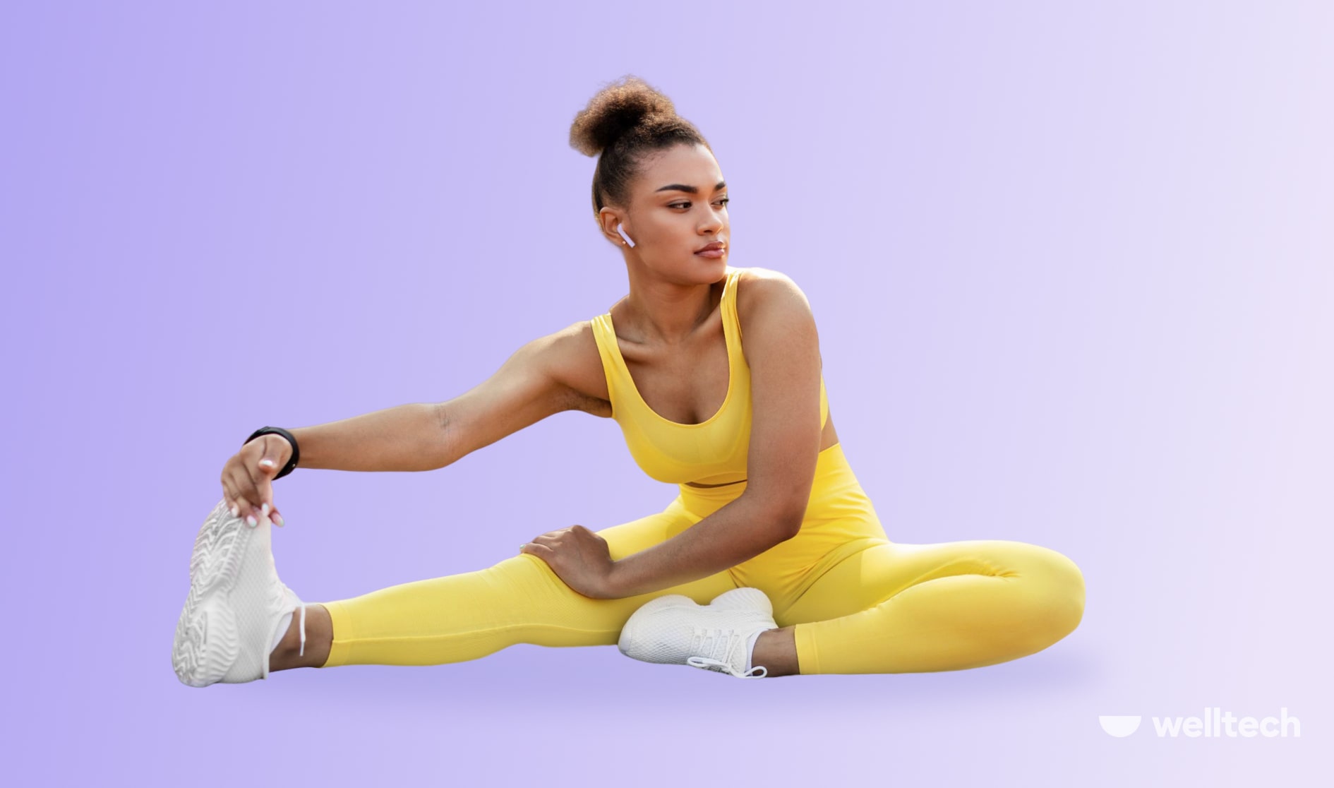 a woman in yellow sportswear is stretching as a part of her cool down yoga routine after a workout