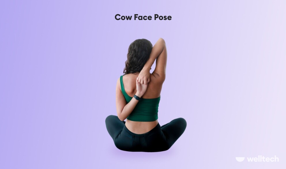 a woman is practicing Cow Face Pose_Gomukhasana Variation_shoulder yoga poses
